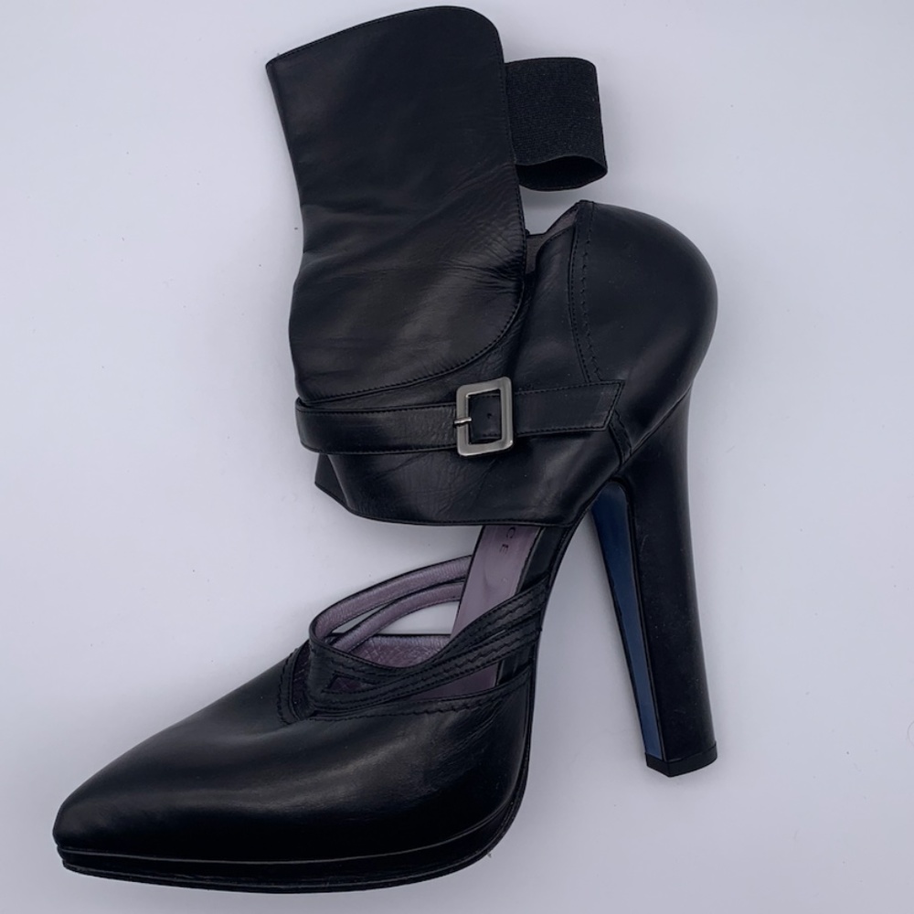 VERSACE BLACK LEATHER CUTOUT BOOTS with BLUE METALLIC SOLE